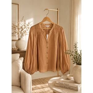 Tommy Bahama Palm Breeze Chipmunk Brown Pintuck Balloon Sleeve Blouse L NWT